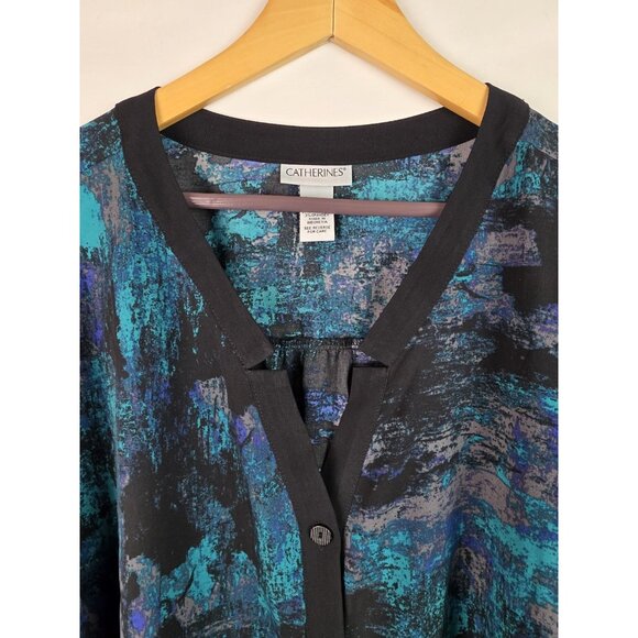 Catherines Women's Top Plus Size 4X Green V-Neck Long Sleeve Button Down Blouse - Picture 2 of 15